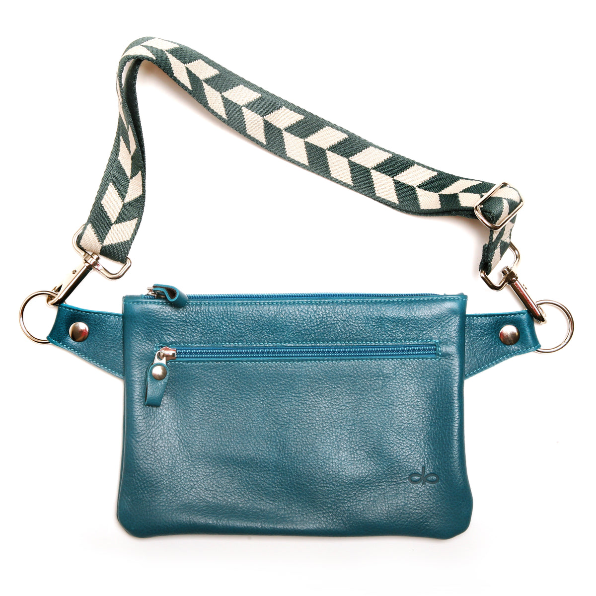 Flat Sling crossbody bag in leather with harness hardware, front view