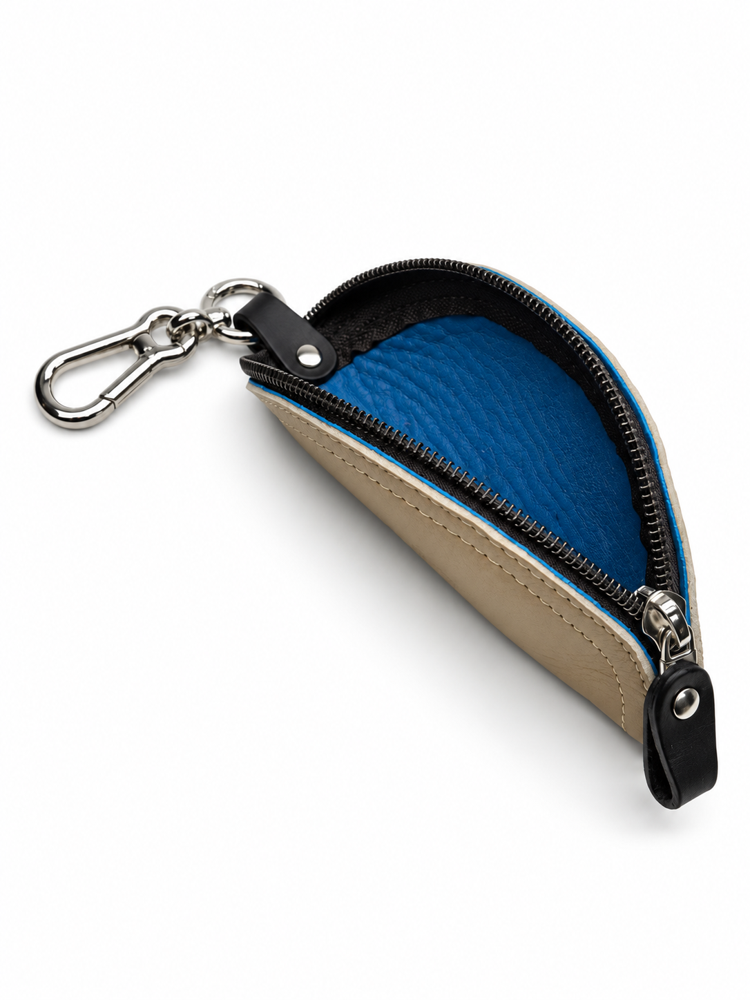 TACO leather key pouch in Otter Tan, open to show the lining