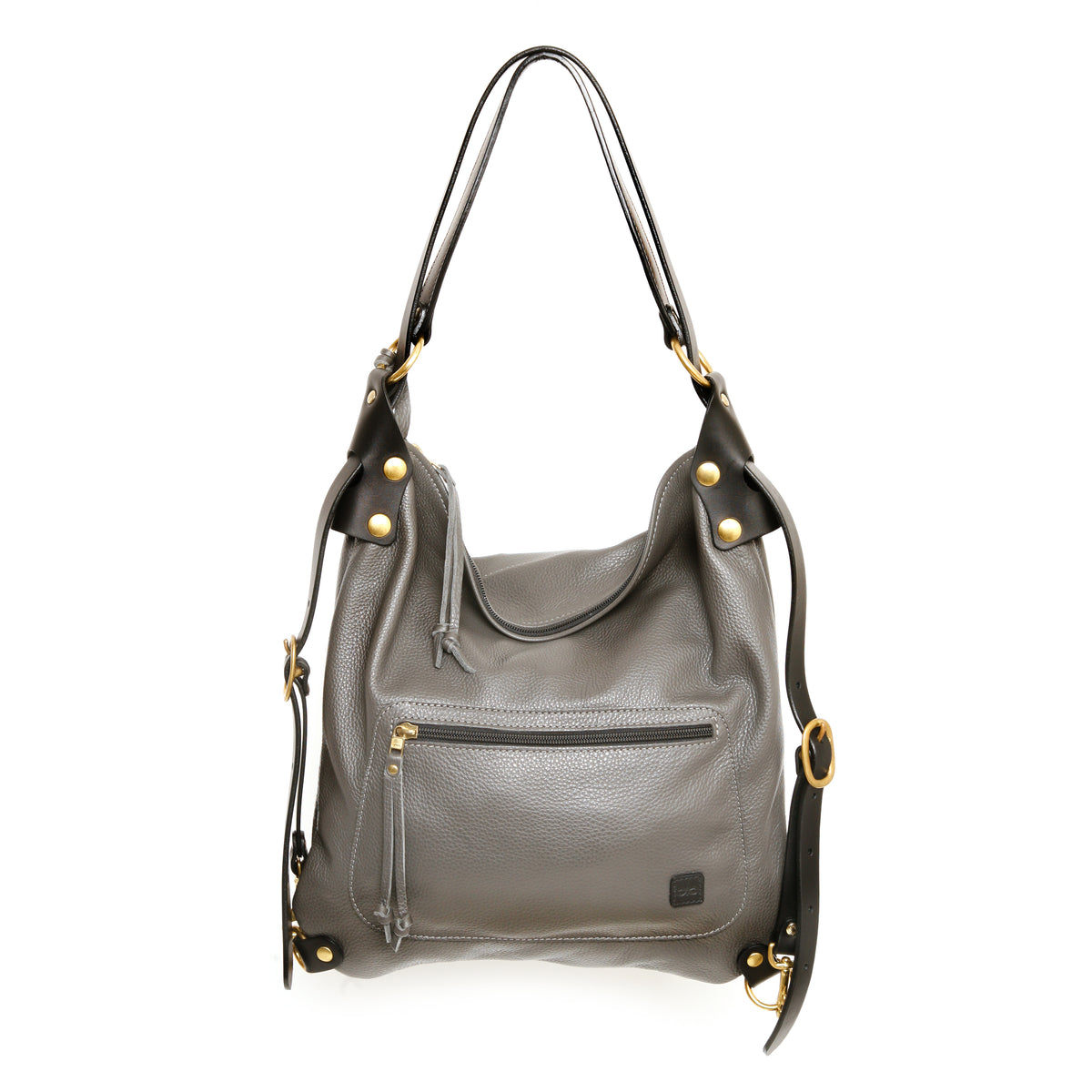 VILLA SAK Small leather backpack in charcoal grey with brass hardware, front view