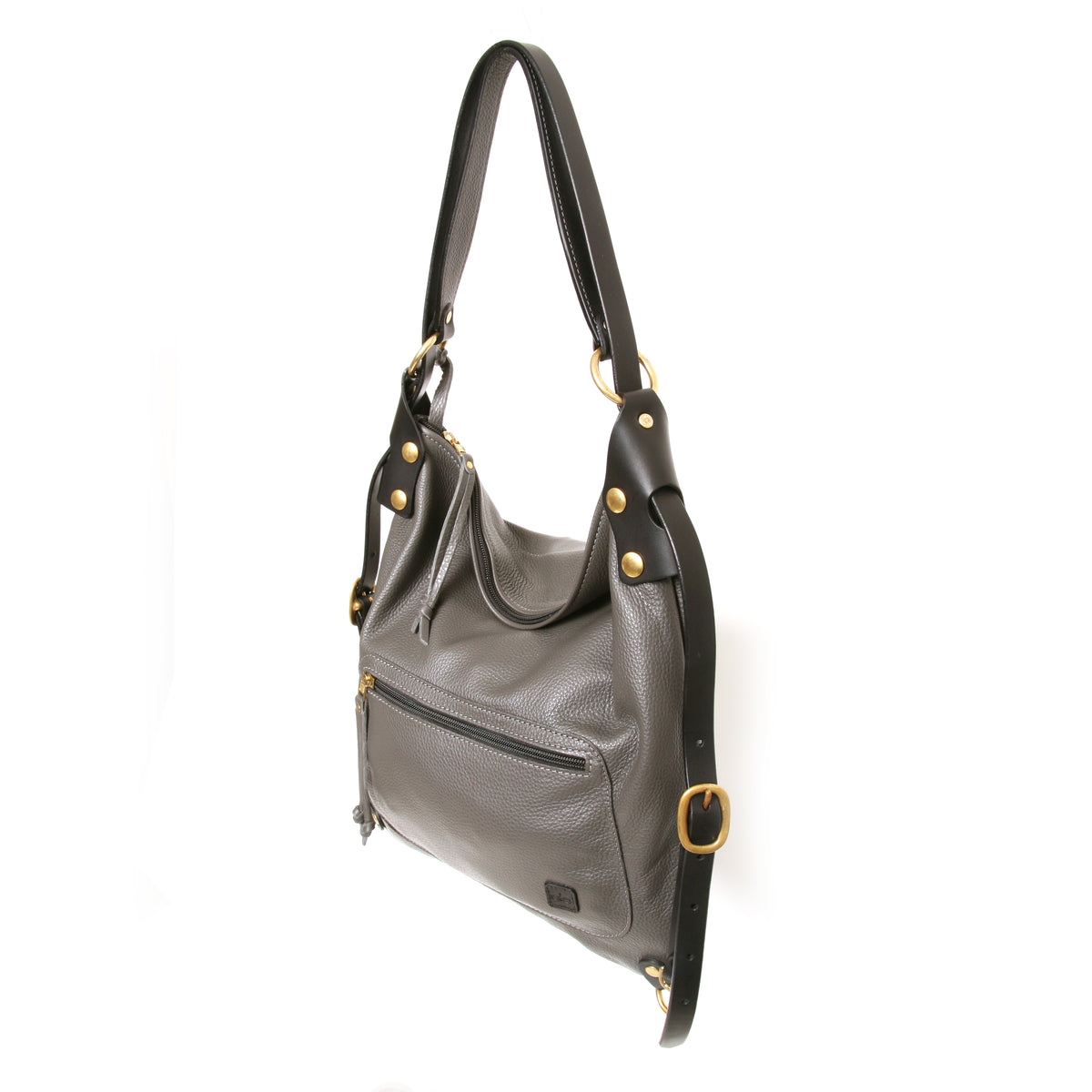 VILLA SAK Small leather backpack in charcoal grey with brass hardware, side view