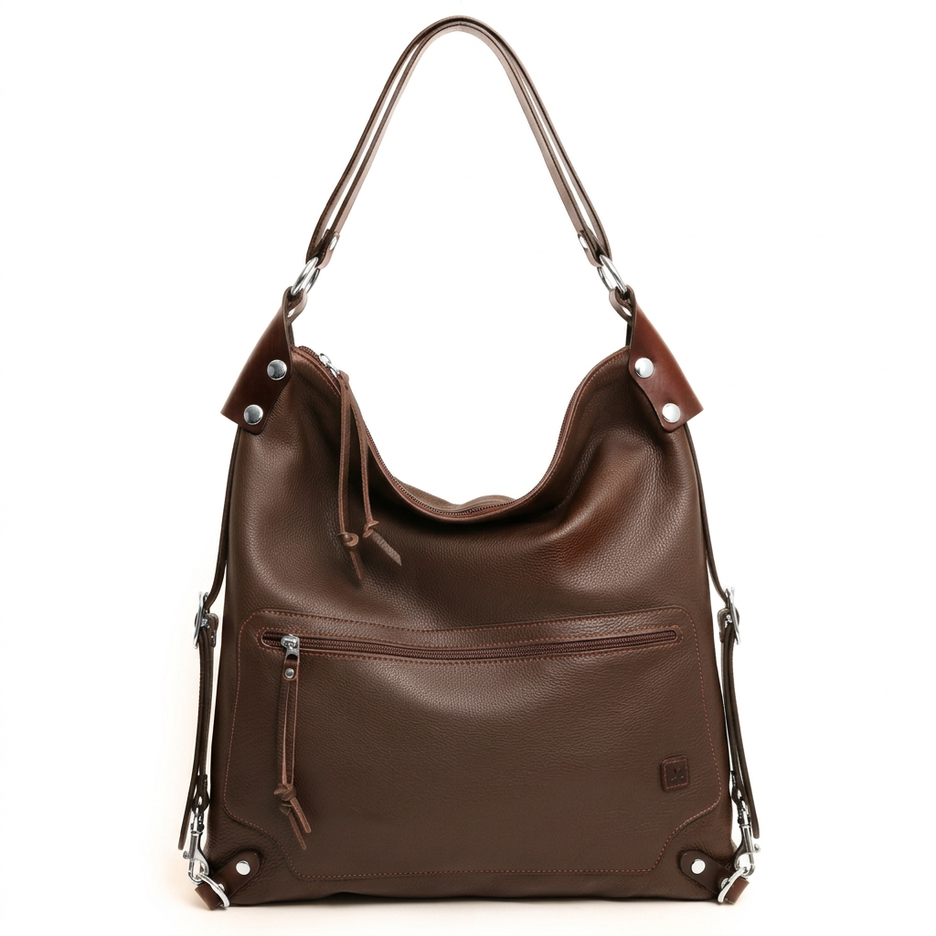 VILLA SAK leather bag in dark brown pebble with silver hardware