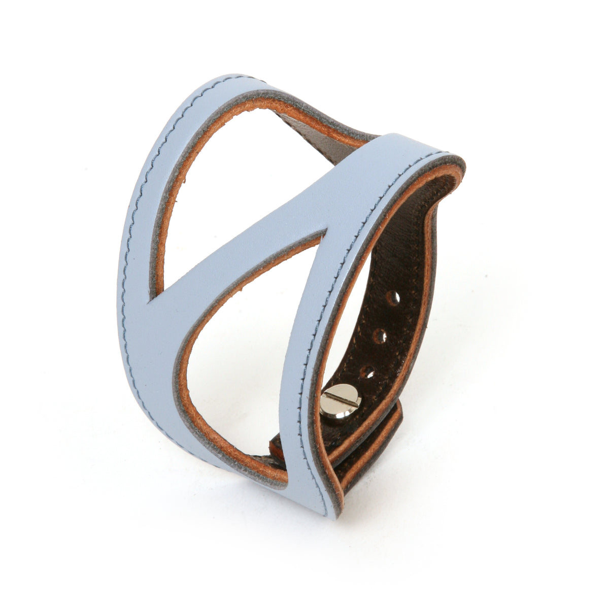 Wide Drop cuff with button in medium-weight premium leather (lighter weights lined; thicker vegetable-tanned weights unlined), side view