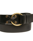 X&O English bridle leather belt in black & brass, buckle detail
