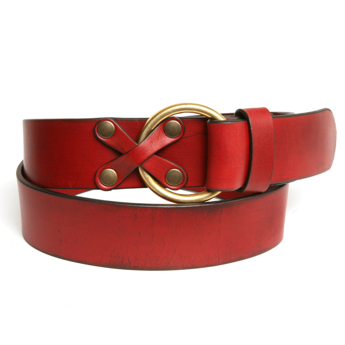 X&amp;O wide belt in 10oz harness leather, smooth burnished edges, laid flat, full length