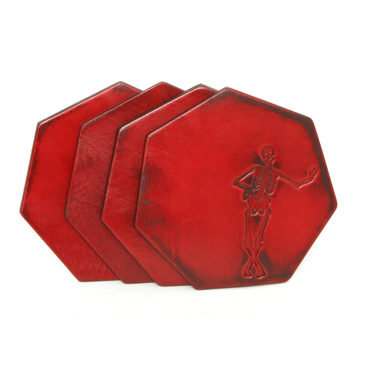 Skeleton Coasters 7 sided in 13oz English bridle leather, hand-burnished and painted edges, front view