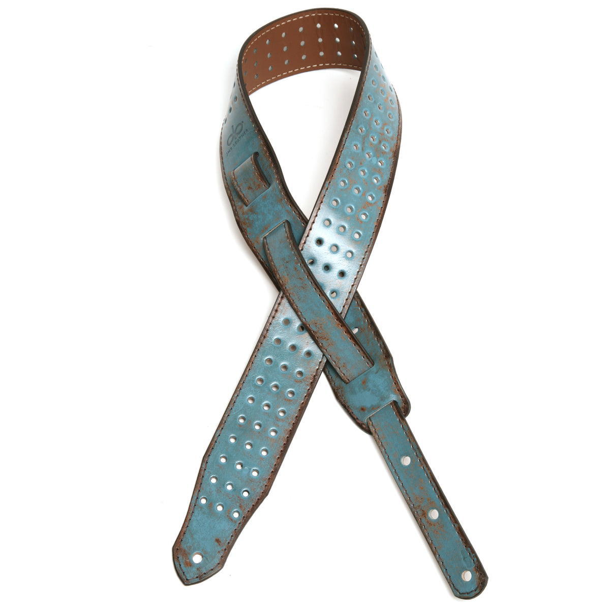 Vintage BP Guitar Strap in vegetable-tanned leather, burnished edges, laid flat, full length