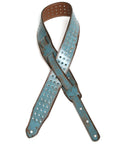Vintage BP Guitar Strap in vegetable-tanned leather, burnished edges, laid flat, full length