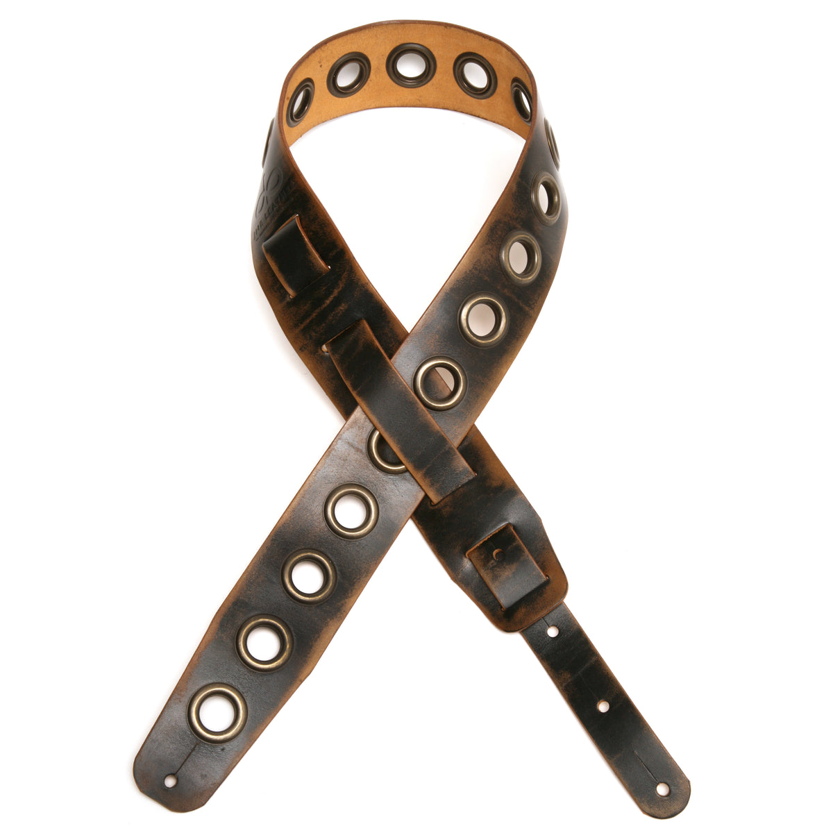 Vintage GG Guitar strap in full-grain leather, burnished edges, fully perforated, laid flat, full length