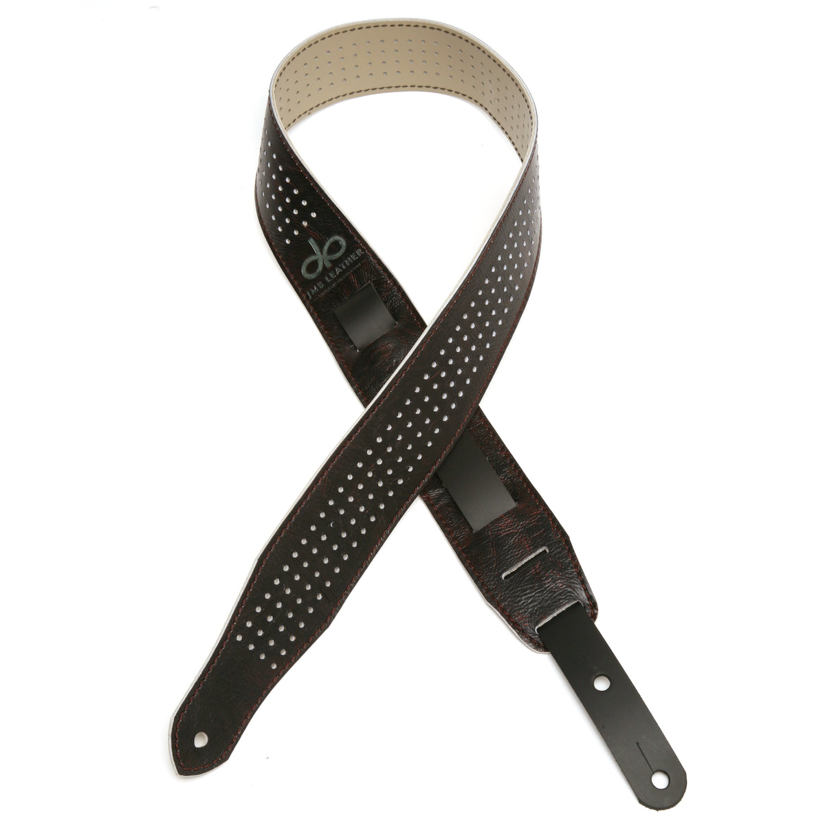 MADDOG Guitar strap in top-grain leather, antiqued finish, burnished edges, fully perforated, strap end and hardware detail