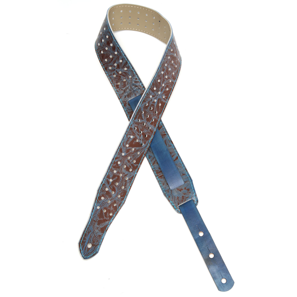 MADDOG Guitar strap in top-grain leather, antiqued finish, burnished edges, fully perforated, leather texture detail