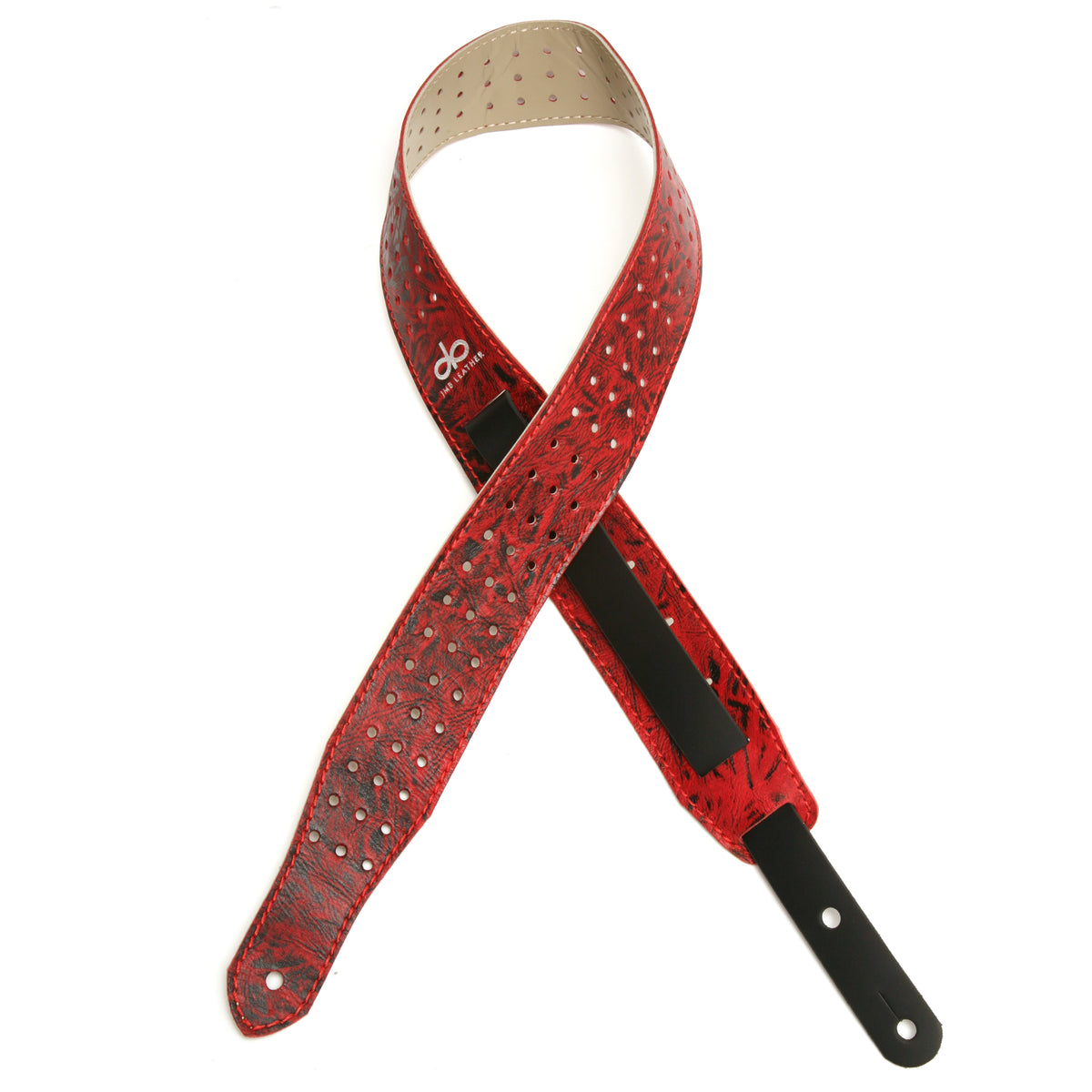 MADDOG Guitar strap in top-grain leather, antiqued finish, burnished edges, fully perforated, laid flat, full length