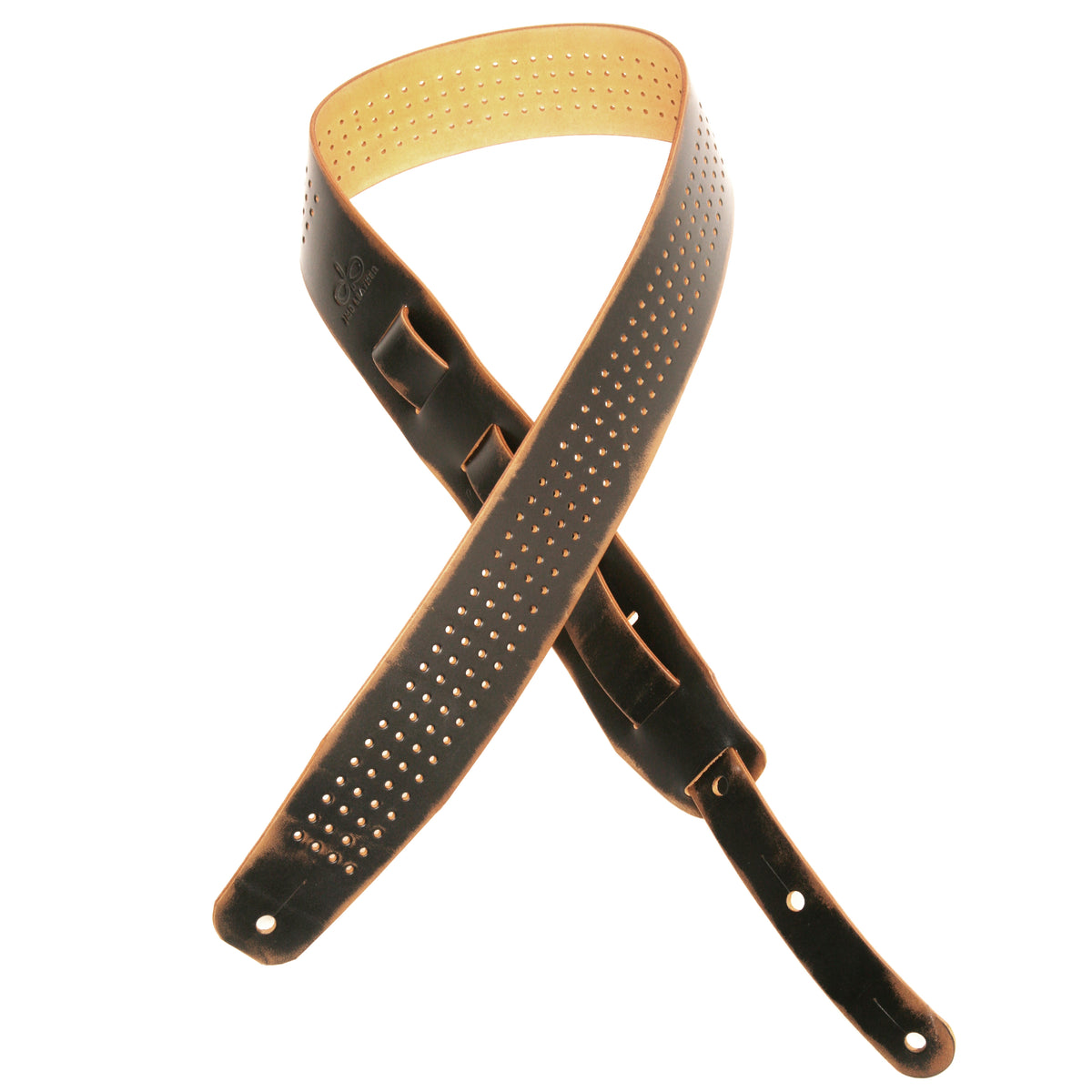 Vintage QP Guitar strap in full-grain leather, burnished edges, fully perforated, laid flat, full length