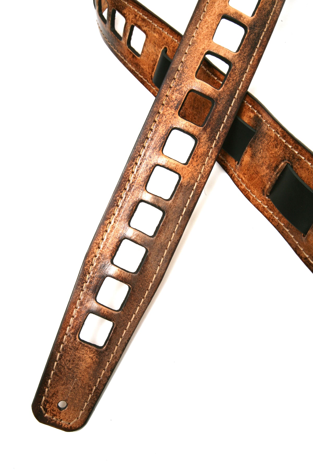 Vintage RONDO leather guitar strap in old bone and black, detail