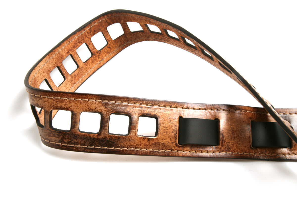 Vintage RONDO leather guitar strap in old bone and black, side view