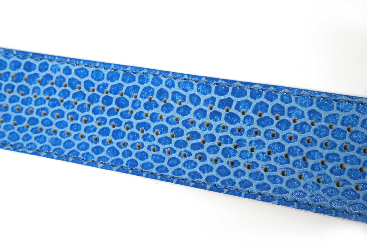 NOVA Guitar strap in Italian embossed leather, fully lined with leather, burnished edges, reverse side