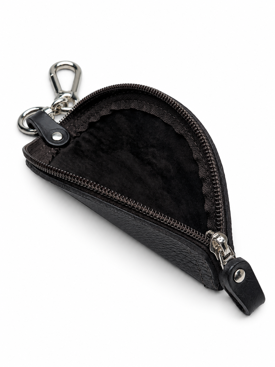 TACO leather key pouch in Dark Brown, open to show the lining
