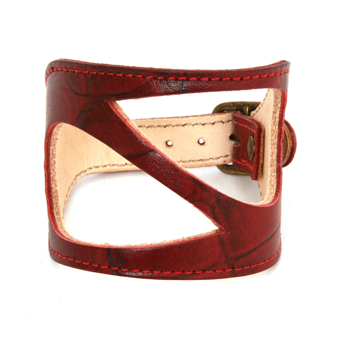 Wide Drop cuff in medium-weight premium leather (lighter weights lined; thicker vegetable-tanned weights unlined), clasp detail