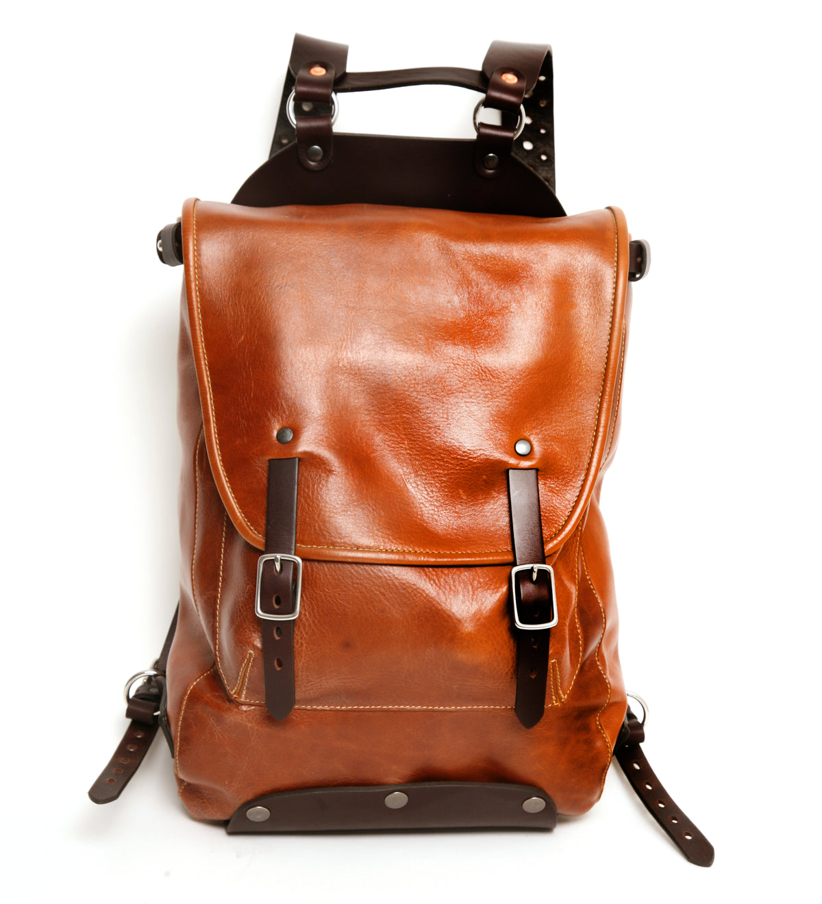Leather backpack in vintage brown buffalo leather, plain front, front view
