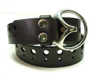 Tracer belt in English 10-12oz bridle leather, hot-stuffed, laid flat, full length