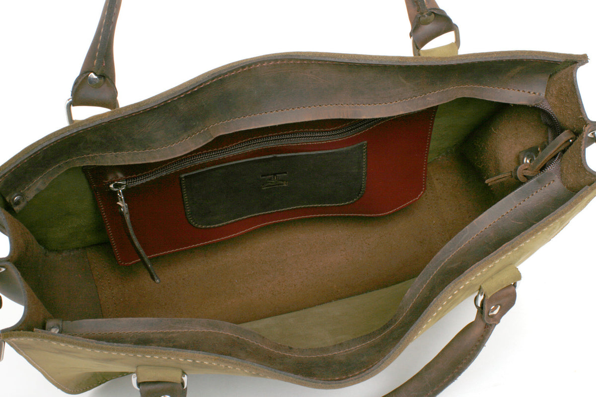 CHAGA tote LTD edition bag in green nubuck with copper-brown crazy horse and buffalo leather accents, hardware detail