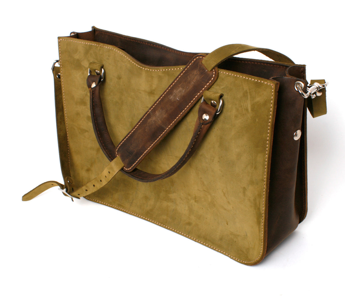 CHAGA tote LTD edition bag in green nubuck with copper-brown crazy horse and buffalo leather accents, interior compartment