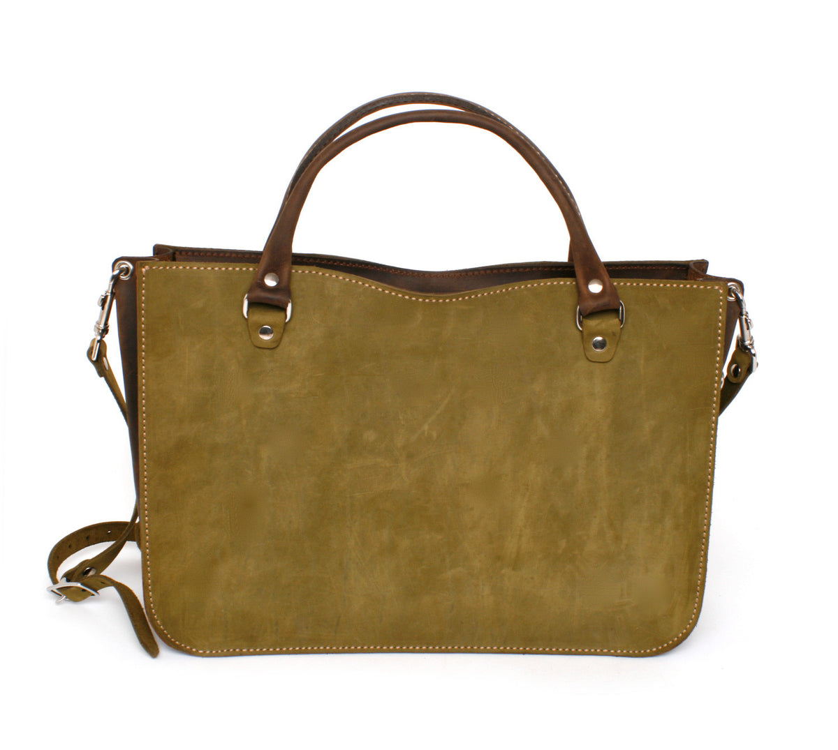 CHAGA tote LTD edition bag in green nubuck with copper-brown crazy horse and buffalo leather accents, front view