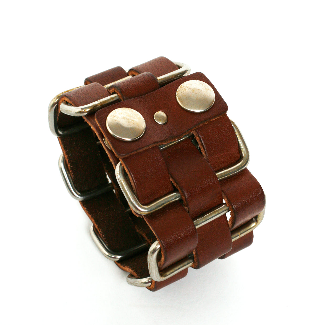 Cholo stainless-steel cuff in vegetable-tanned leather woven through welded solid stainless-steel loops with stainless-steel hardware, additional view