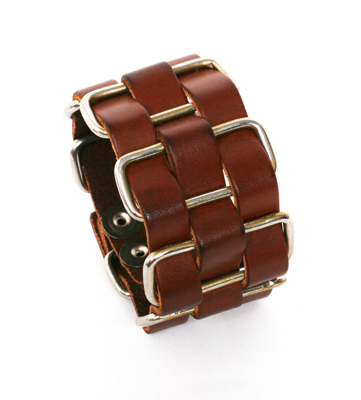 Cholo stainless-steel cuff in vegetable-tanned leather woven through welded solid stainless-steel loops, clasp detail