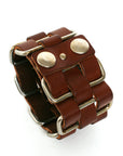 Cholo stainless-steel cuff in vegetable-tanned leather woven through welded solid stainless-steel loops with stainless-steel hardware, additional view