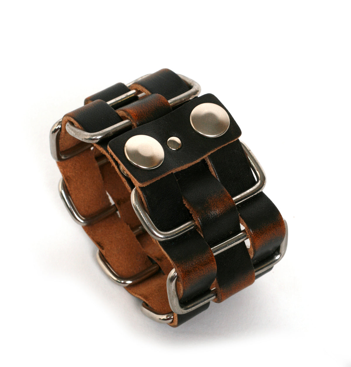 Cholo stainless-steel cuff in vegetable-tanned leather woven through welded solid stainless-steel loops with stainless-steel hardware, alternate angle