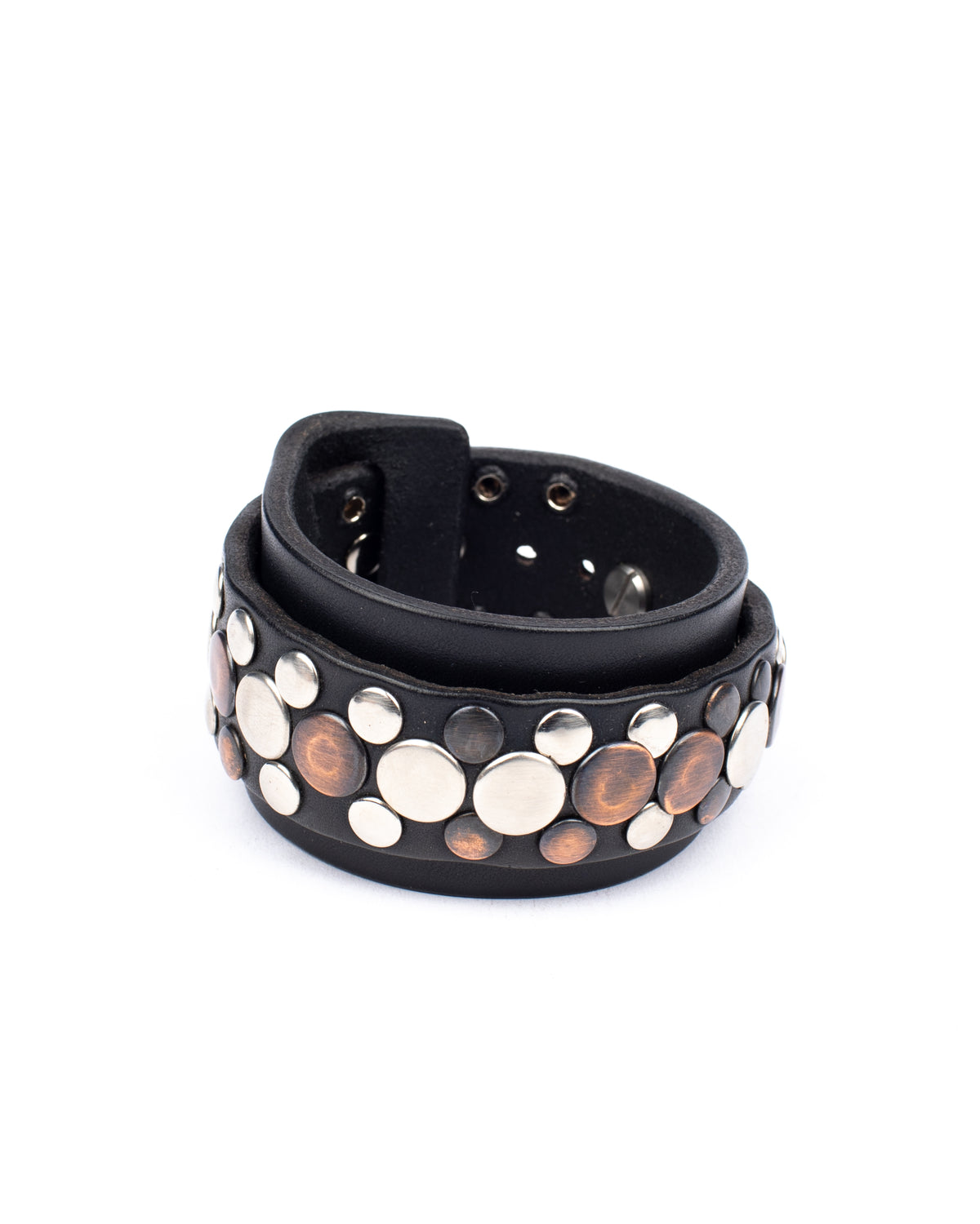 Gemini cuff studded in 8-9oz vegetable-tanned leather with stainless-steel hardware, additional view