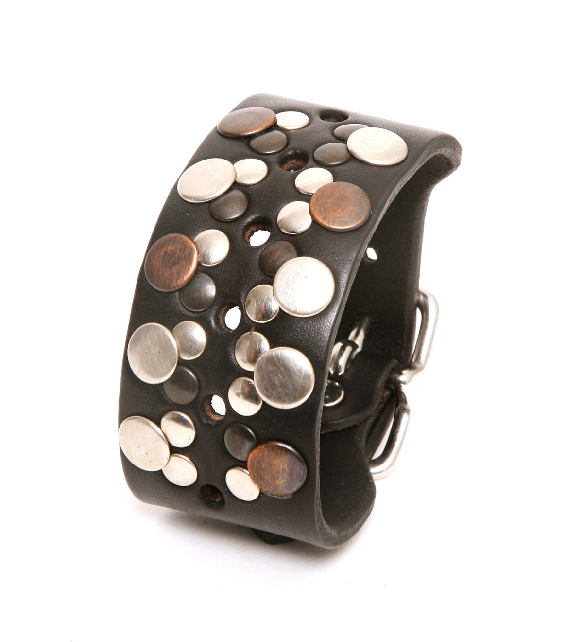 Classic buckle cuff studded in 8oz English bridle leather with studs and a stainless steel buckle, front view
