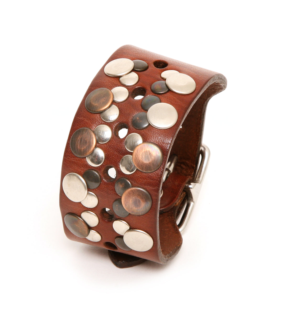 Classic buckle cuff studded in 8oz English bridle leather with studs and a stainless steel buckle, side view