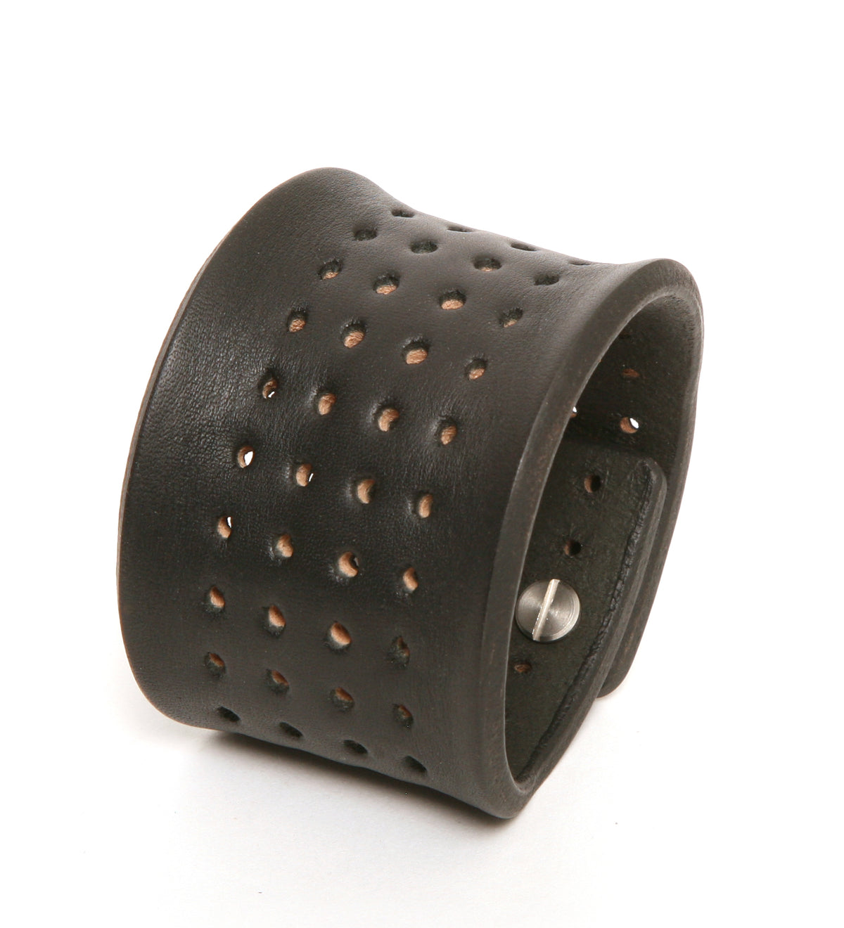 Contour perforated cuff medium brown in 8-9oz English bridle leather with stainless-steel hardware, further detail view