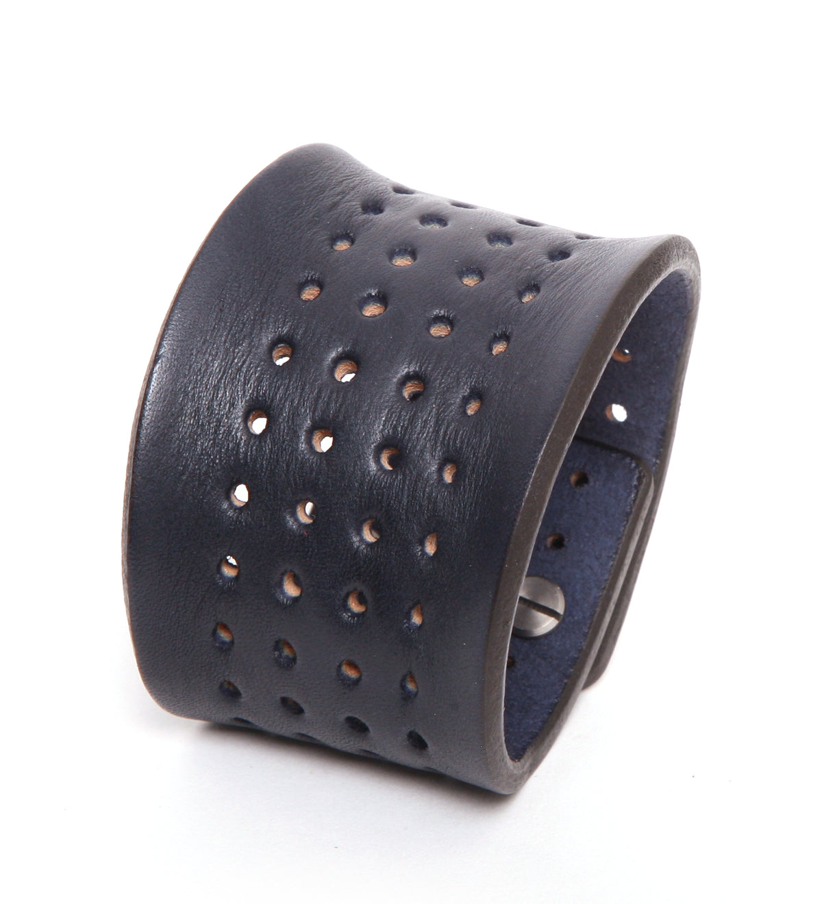 Contour perforated cuff medium brown in 8-9oz English bridle leather with stainless-steel hardware, close-up detail