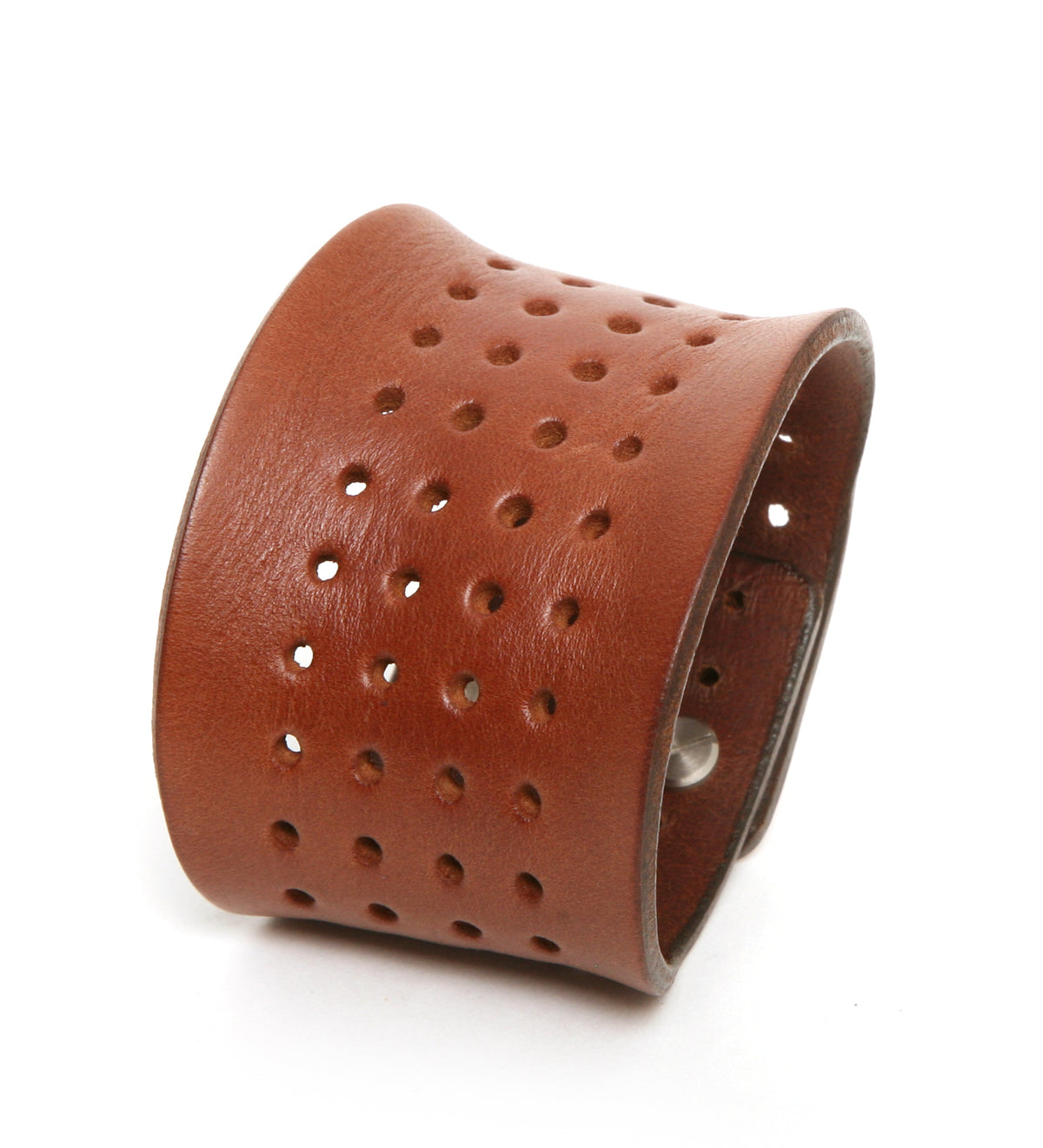 Contour perforated cuff medium brown in 8-9oz English bridle leather, front view