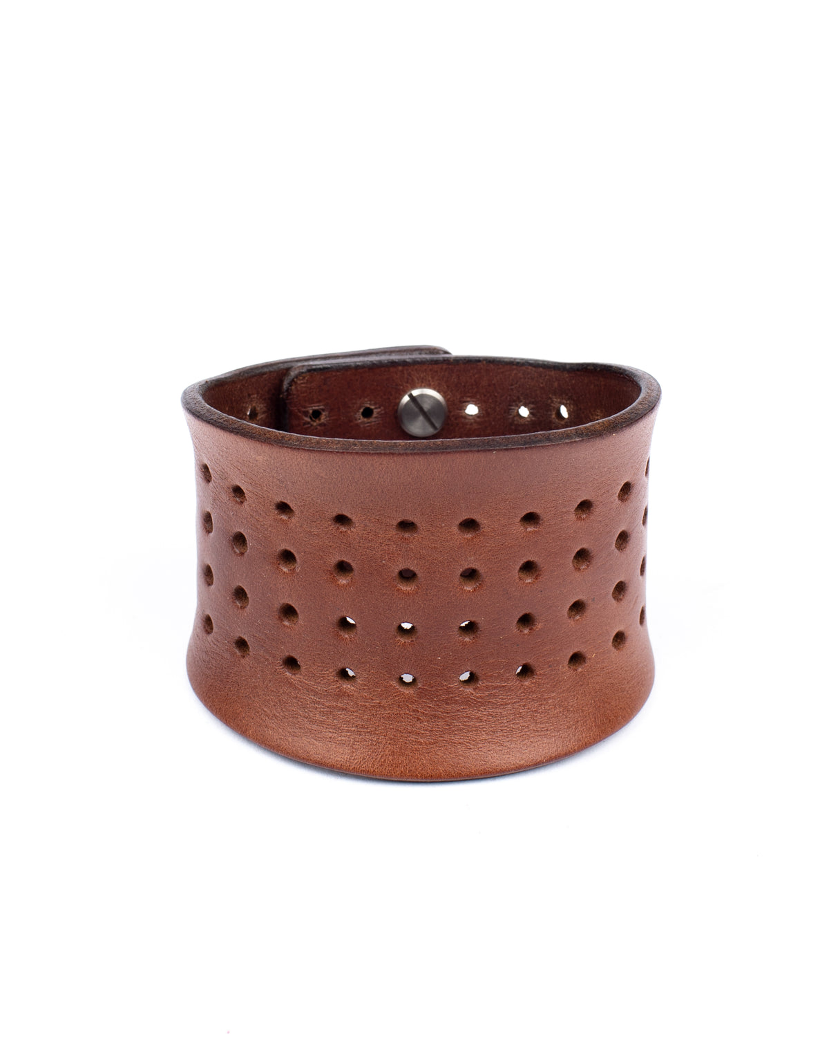 Contour perforated cuff medium brown in 8-9oz English bridle leather, side view