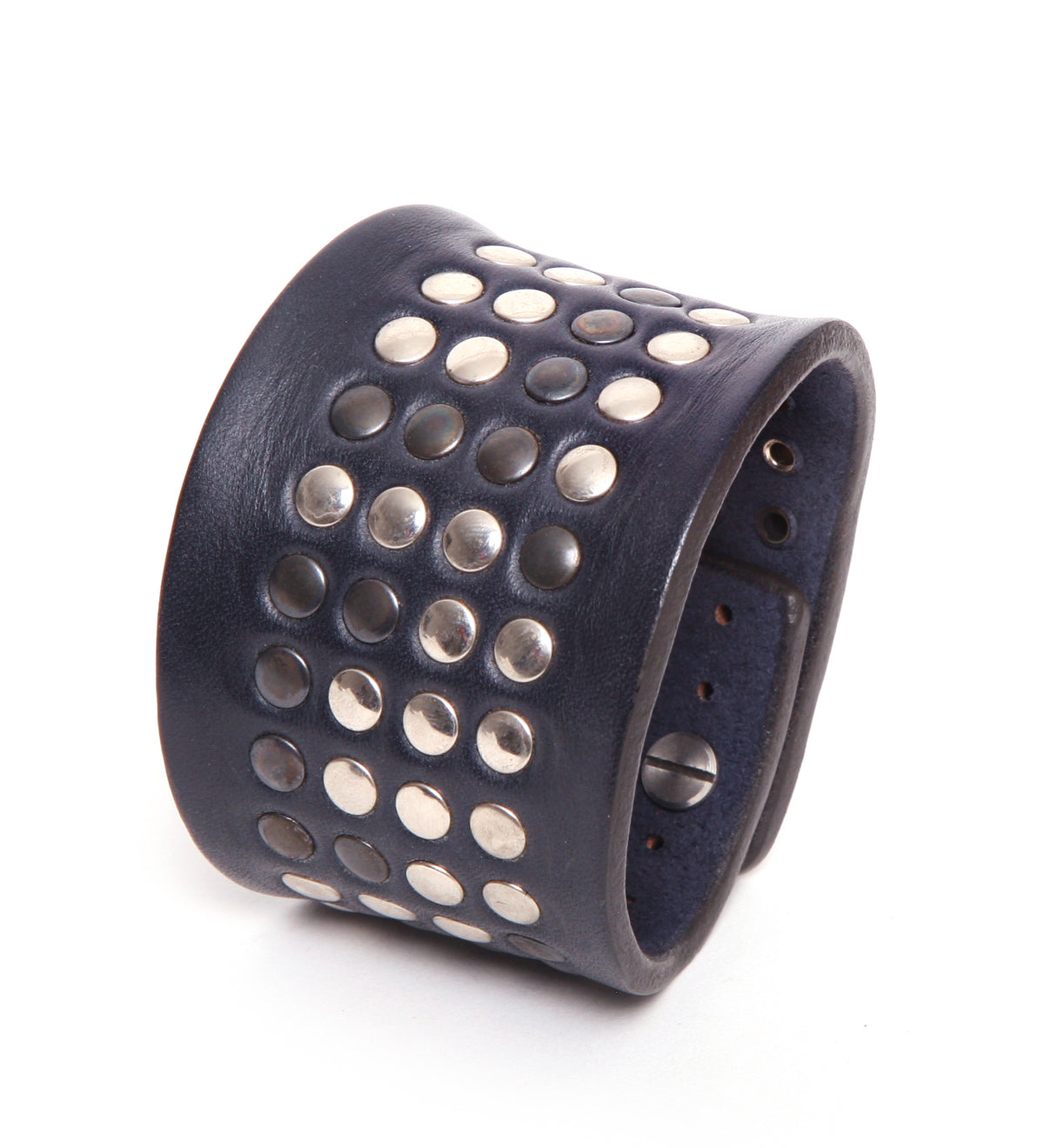 CONTOUR wide studded leather cuff bracelet in navy blue