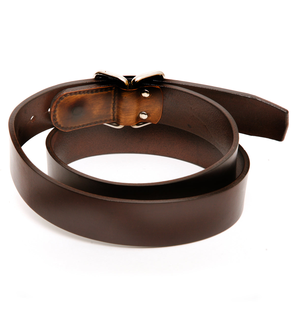 KM Double Loop belt in thick 12oz vegetable-tanned bridle leather, hot-stuffed, reverse side showing keeper loop
