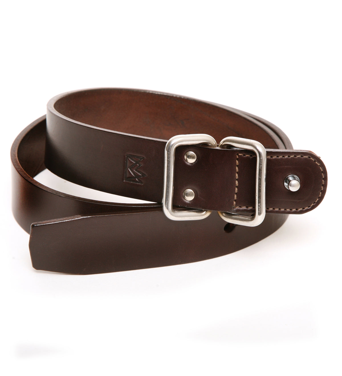 KM Double Loop belt in thick 12oz vegetable-tanned bridle leather, hot-stuffed, buckle detail