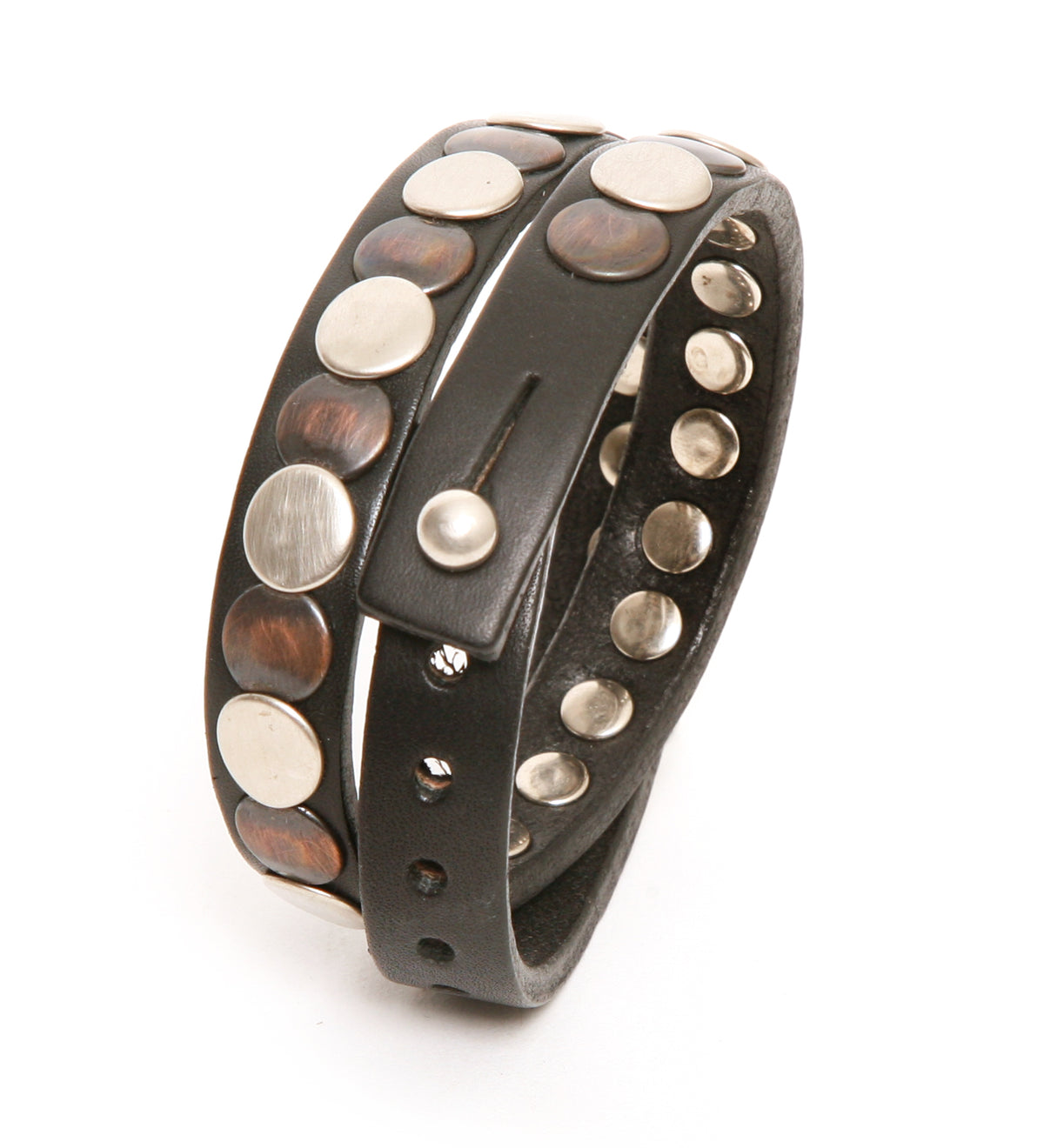 Rollo double wrap cuff in 8oz English bridle leather, smooth burnished edges, fully studded, front view