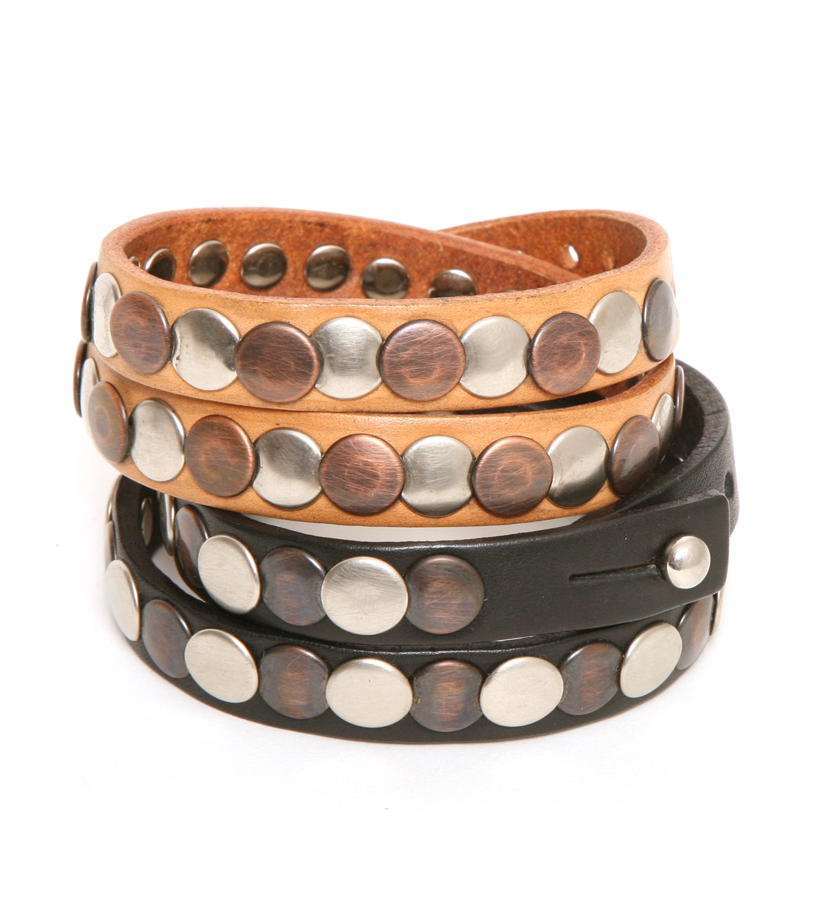 Rollo double wrap cuff in 8oz English bridle leather, smooth burnished edges, fully studded with burnished edges, alternate angle