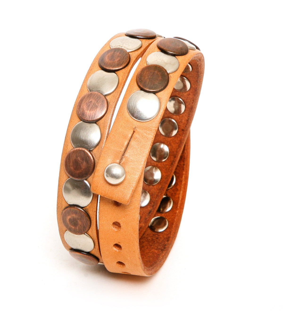 Rollo double wrap cuff in 8oz English bridle leather, smooth burnished edges, fully studded, side view