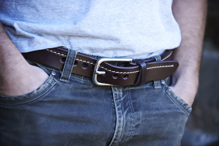 TUG stitched belt in 12oz vegetable-tanned drum-dyed leather (Wicket and Craig of USA), reverse side showing keeper loop