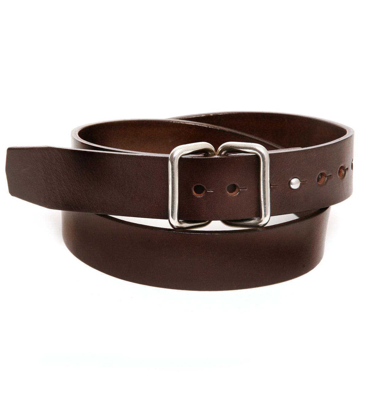 KM Double Loop belt in thick 12oz vegetable-tanned bridle leather, hot-stuffed, laid flat, full length