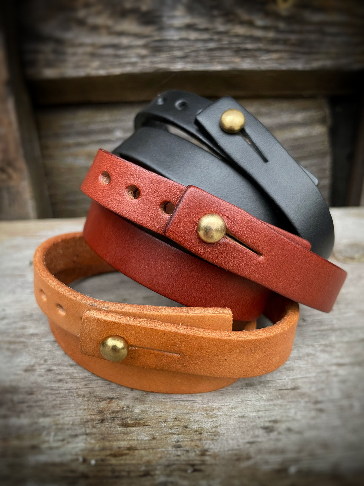 Double wrap cuff in 8oz English bridle leather with stainless-steel hardware, alternate angle