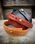 Double wrap cuff in 8oz English bridle leather with stainless-steel hardware, alternate angle