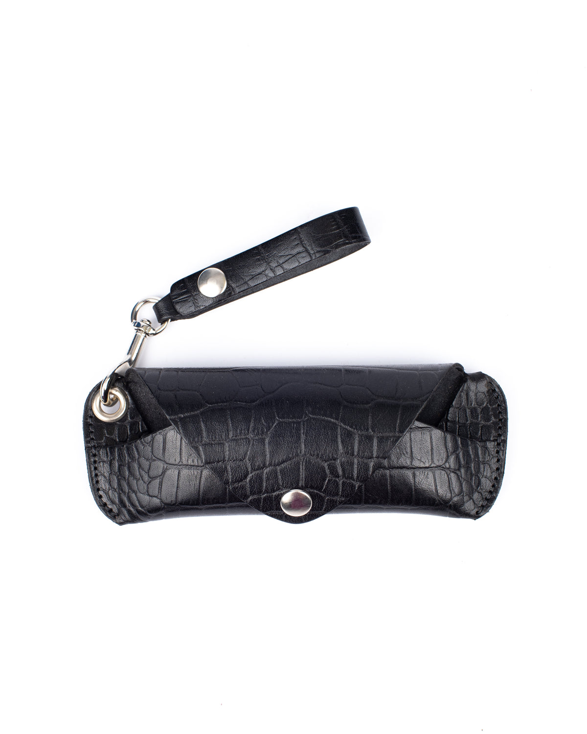 Slim leather eyeglass case in black croco-embossed leather