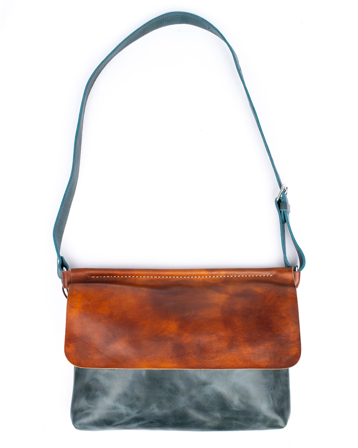 Flat sling vintage tan & turquoise bag in vegetable-tanned leather combined with softer leather, front view