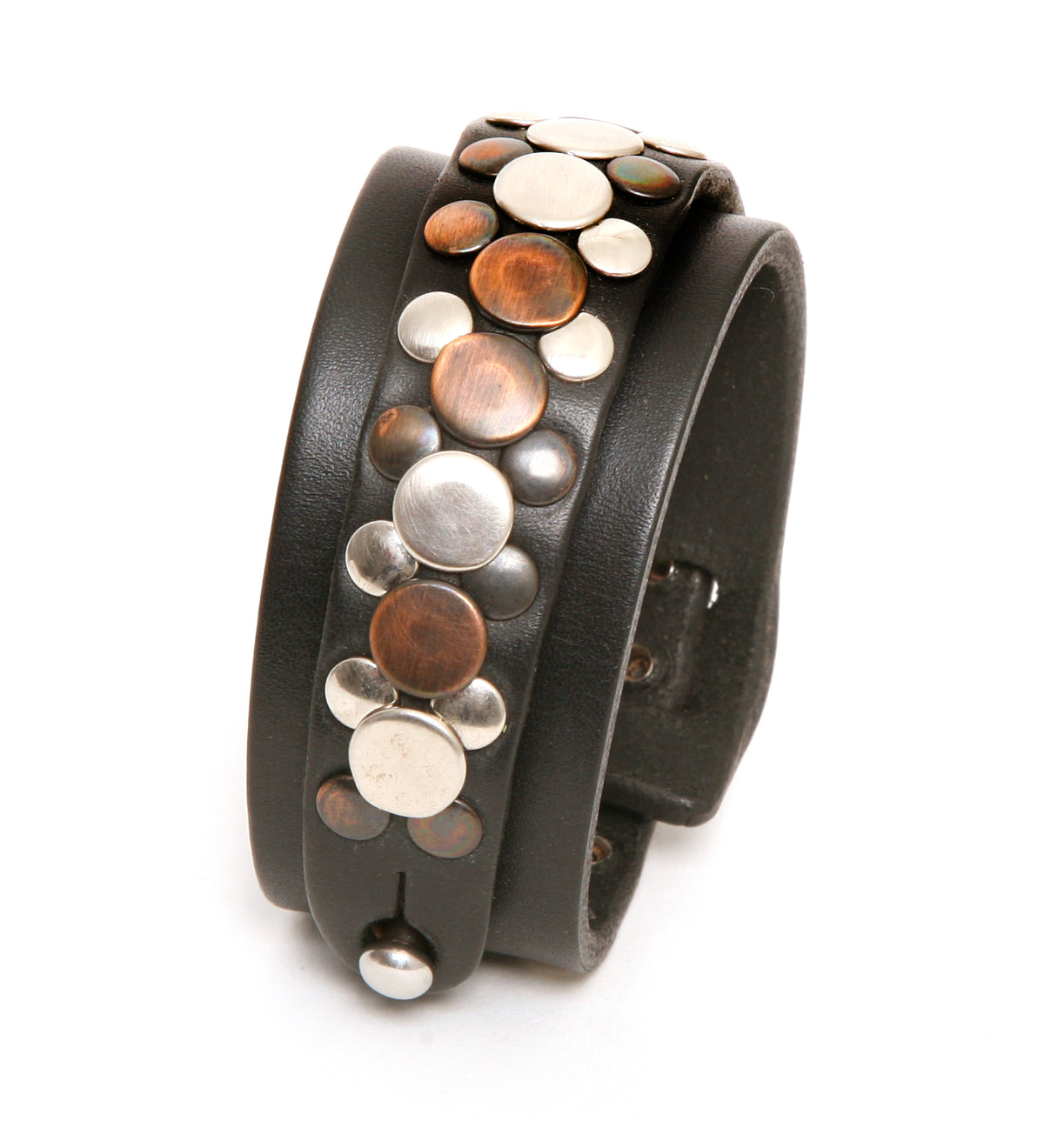 Gemini cuff studded in 8-9oz vegetable-tanned leather, front view